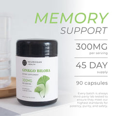 Neurogan ginkgo biloba capsules label detail shows standardized extract information.