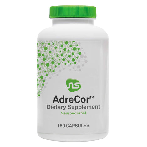 NeuroScience AdreCor bottle showing adrenal support and steady energy benefits.