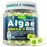 NEVISS Algae Omega-3 gummies bottle shows sustainable DHA and EPA for daily wellness