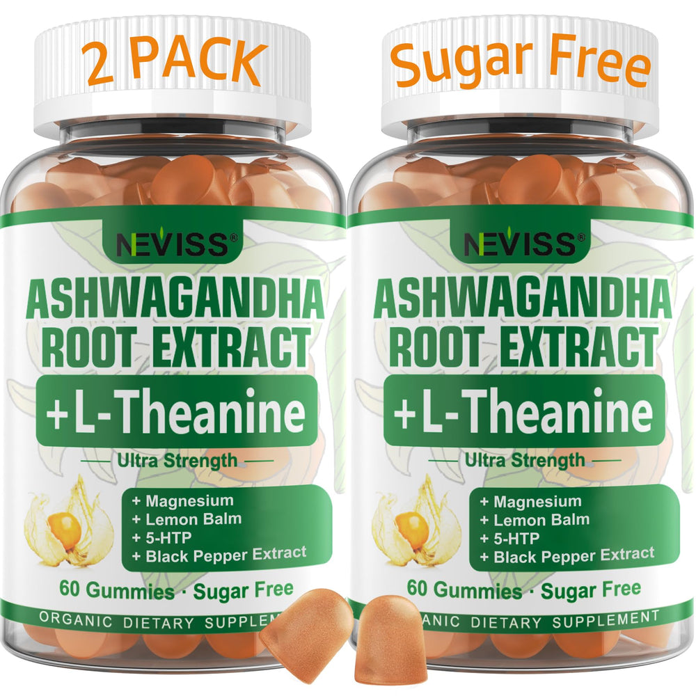 NEVISS Ashwagandha Gummies bottle pour offering calm support for daily routines.