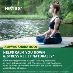 NEVISS Ashwagandha Gummies ingredients panel featuring L-Theanine, 5-HTP, lemon balm.