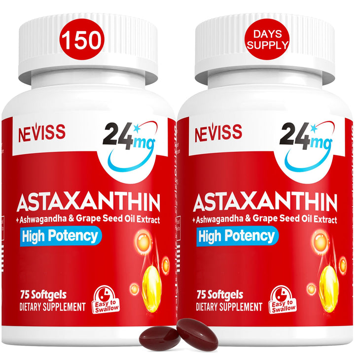 NEVISS Astaxanthin bottle with softgels for skin and eye support.