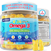 NEVISS Kids Omega-3 Gummies bottle emphasizes easy, kid-friendly daily intake.