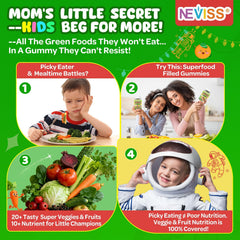 NEVISS Kids Super Greens gummies close-up showing texture