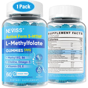 NEVISS L-Methylfolate Gummies bottle front showing focus and mood support benefits