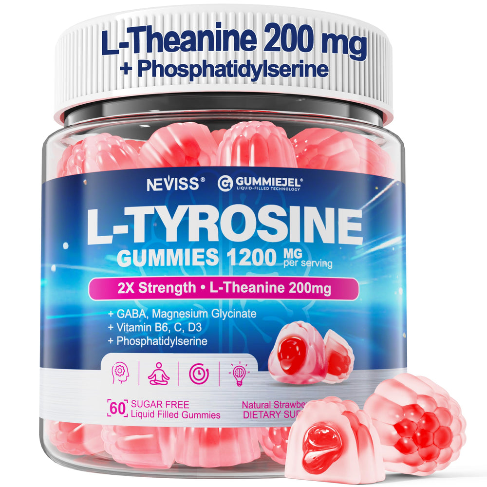 NEVISS L Tyrosine Gummies bottle front promotes calm focus for busy days.