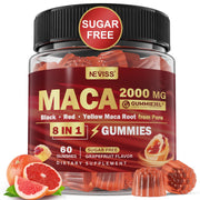 NEVISS maca gummies packaging highlights sugar-free vegan formula for daily vitality
