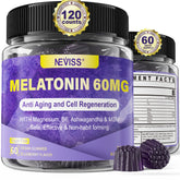NEVISS melatonin-60mg gummies bottle for 50+ adults promoting restful evenings