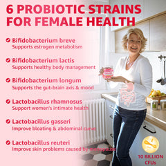 NEVISS menopause probiotic gummies bottle highlights 10B CFU and gut-supporting blend.