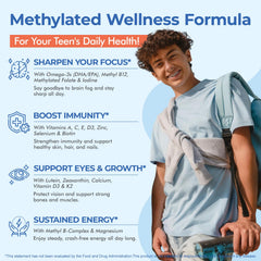 NEVISS methylated multivitamin teens gummies on plate, colorful bites support growth and energy.