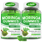 Neviss Moringa Gummies bottle shows probiotic blend for daily immune and energy support.