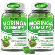 Neviss Moringa Gummies bottle shows probiotic blend for daily immune and energy support.