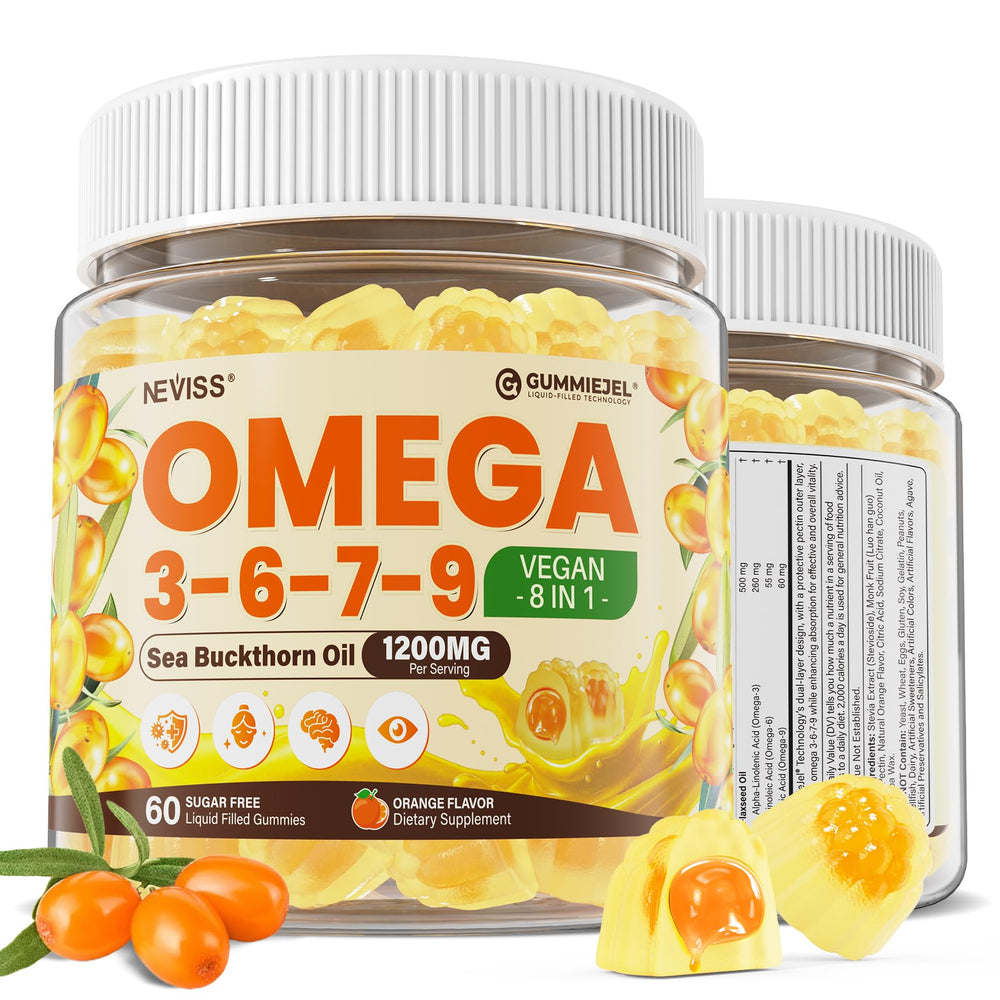 NEVISS Omega 3-6-7-9 gummies bottle-front for convenient daily skin and immune support