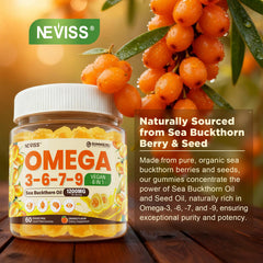 NEVISS Omega gummies closeup emphasizes sea buckthorn rich Omega-7 source