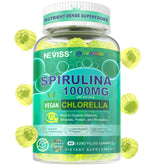 NEVISS Organic Spirulina & Chlorella Gummies bottle for a daily greens boost supporting energy and detox.