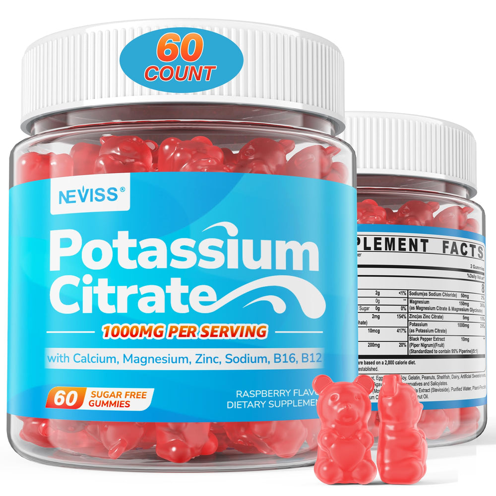 Neviss Potassium Citrate Gummies bottle shows a convenient electrolyte option for active days.