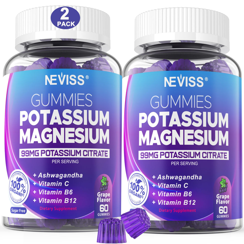 NEVISS Potassium Magnesium Gummies bottle on countertop supporting daily muscle function.