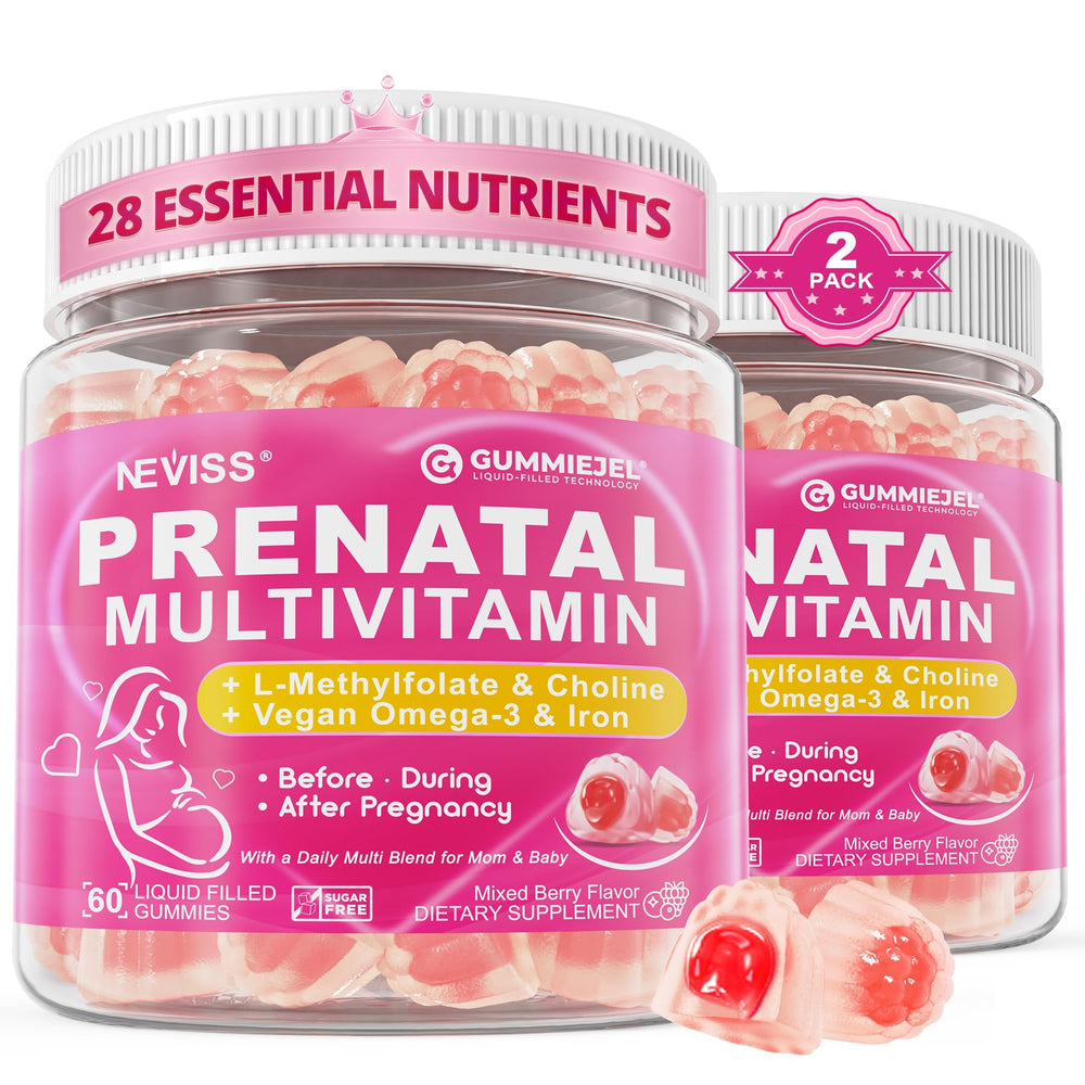 NEVISS prenatal gummy bottle showing mixed berry flavor for daily pregnancy support.
