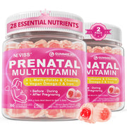 NEVISS prenatal gummy bottle showing mixed berry flavor for daily pregnancy support.