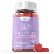 NEVISS saffron gummies bottle on desk for daily mood support