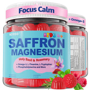 NEVISS saffron magnesium omega gummies bottle promotes calm and focus for kids