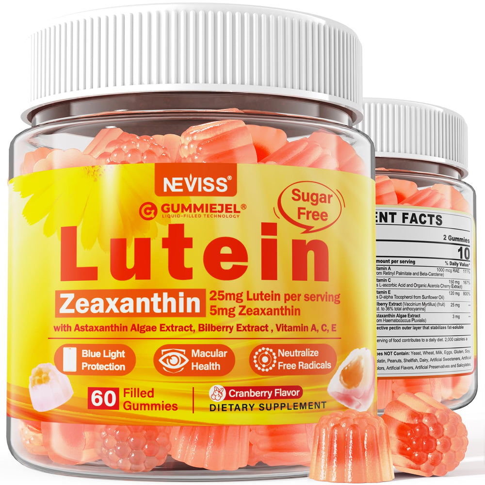 NEVISS bottle of sugar-free lutein zeaxanthin gummies with clear label for eye support.