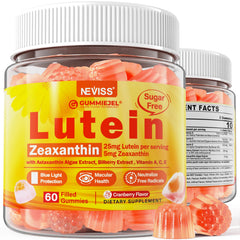 NEVISS bottle of sugar-free lutein zeaxanthin gummies with clear label for eye support.