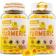 Neviss sugar-free turmeric curcumin gummies packaging front highlighting vegan formula