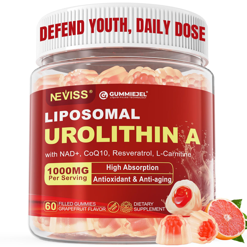 NEVISS Urolithin A gummies bottle with bright label promoting daily energy