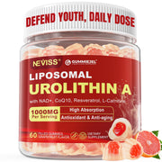 NEVISS Urolithin A gummies bottle with bright label promoting daily energy