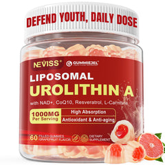NEVISS Urolithin A gummies bottle with bright label promoting daily energy