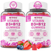 NEVISS vegan D3 + B12 gummies jar front for easy daily wellness.