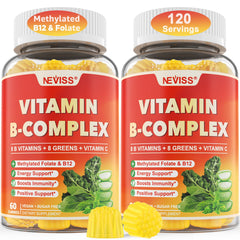 NEVISS Vitamin B Complex bottle front for steady energy throughout the day.