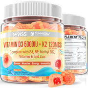 NEVISS Vitamin D3K2 gummies bottle front highlights peach flavor and vegan ingredients.