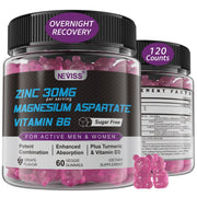 NEVISS zinc magnesium aspartate gummies bottle emphasizes nighttime recovery and energy support