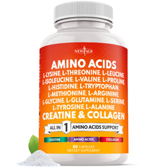 NEW AGE amino acids all-in-one bottle front for convenient daily protein support.