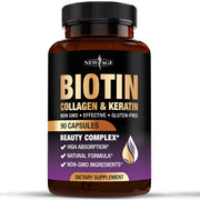 New Age Biotin Collagen Keratin Hyaluronic Acid bottle supports hair, nails, and skin health.