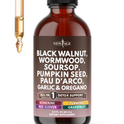 New Age Black Walnut Wormwood Cleanse Drops bottle shows the herbal blend for daily gut-friendly use