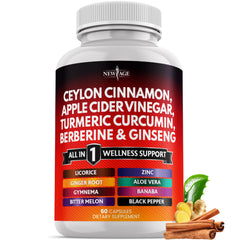 NEW AGE ceylon cinnamon turmeric apple cider vinegar ginger bottle pour enhances daily wellness.