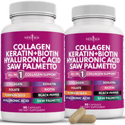 NEW AGE Collagen Pills bottle front showcasing grass-fed collagen for hair and nails.