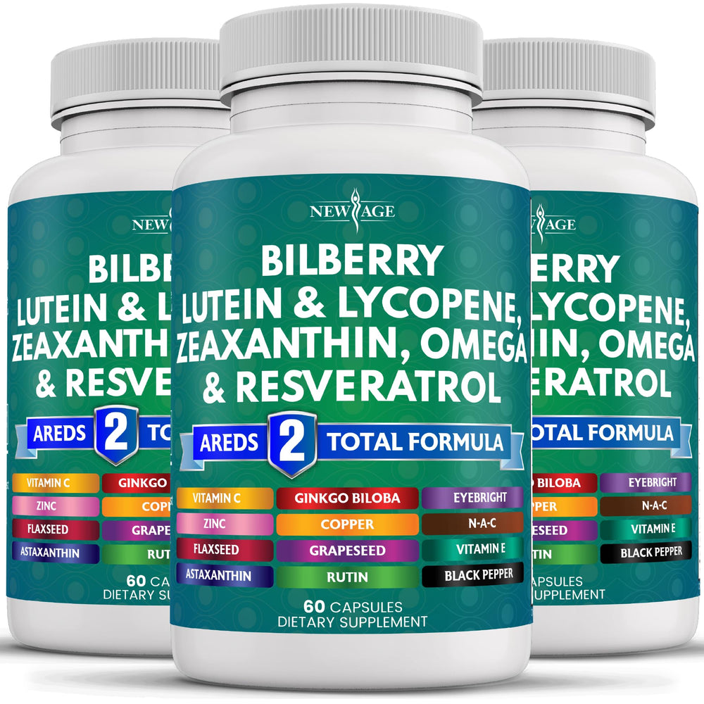 NEW AGE Eye Health bottle with capsules, bilberry extract for daily eye support.