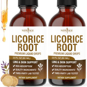 NEW AGE Licorice Root Drops bottle front view highlighting alcohol-free glycerin-based extraction.