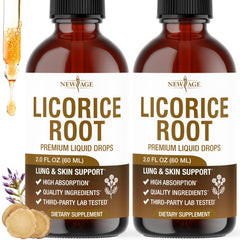 NEW AGE Licorice Root Drops bottle front view highlighting alcohol-free glycerin-based extraction.