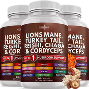 New Age Lions Mane Turkey Tail bottle shows day-to-day mushroom blend for focus and energy