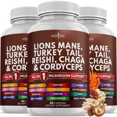 New Age Lions Mane Turkey Tail bottle shows day-to-day mushroom blend for focus and energy