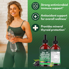 NEW AGE Oil of Oregano Drops label close-up highlights vegan, alcohol-free formula.