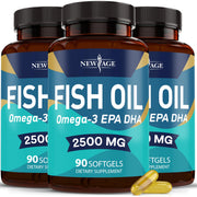 NEW AGE Omega 3 bottle-front with burp-free softgels for daily use.