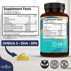 NEW AGE Omega 3 pack-3-bottles highlights convenient 135-day supply.
