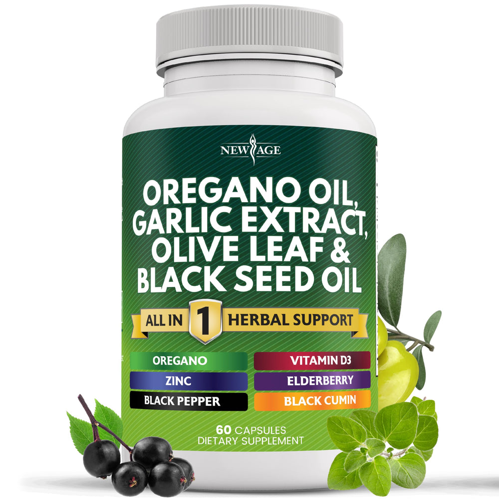 New Age oregano oil garlic extract olive leaf capsules for daily wellness.