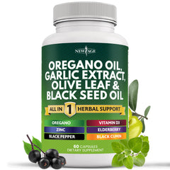 New Age oregano oil garlic extract olive leaf capsules for daily wellness.